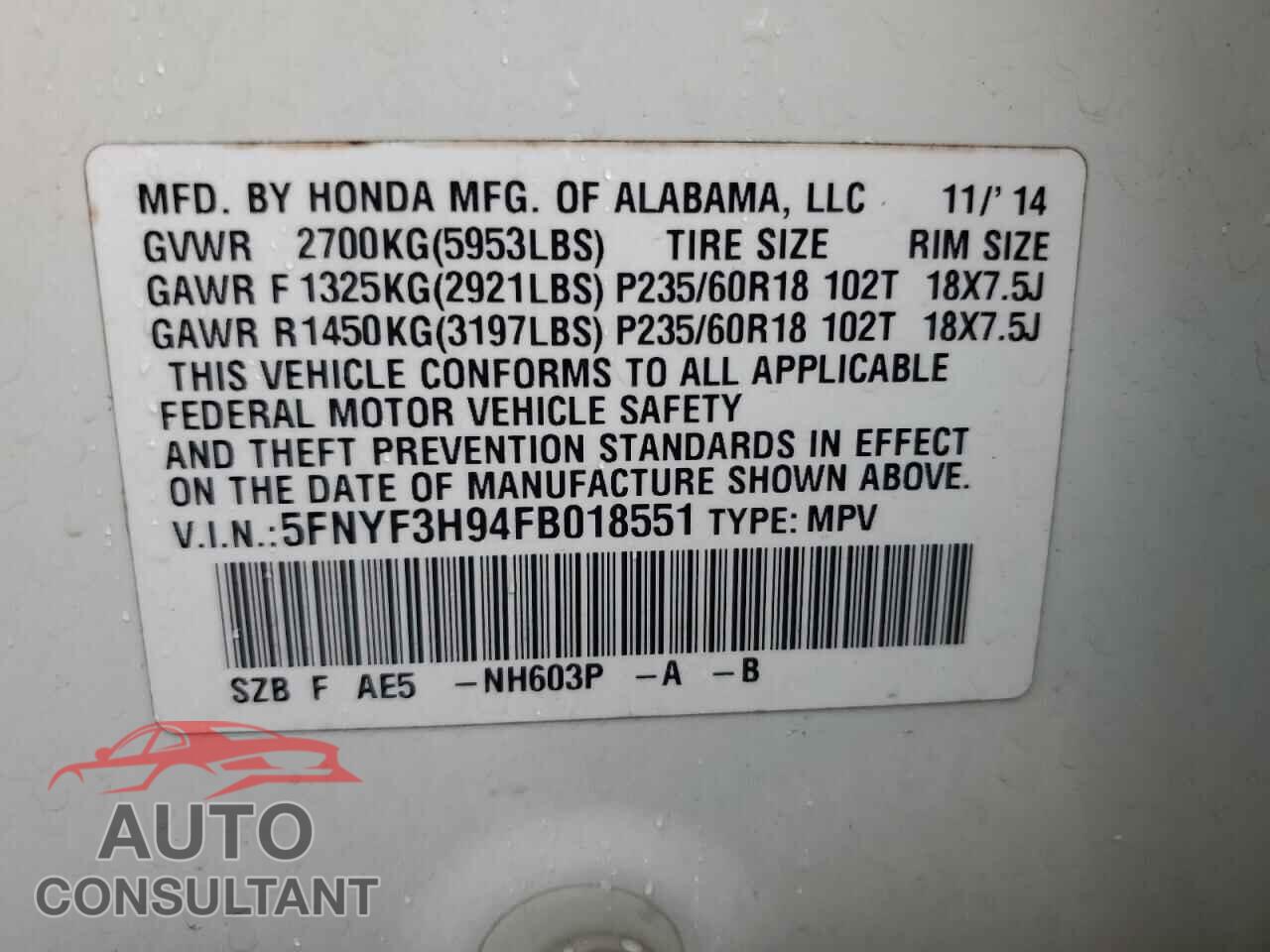 HONDA PILOT 2015 - 5FNYF3H94FB018551