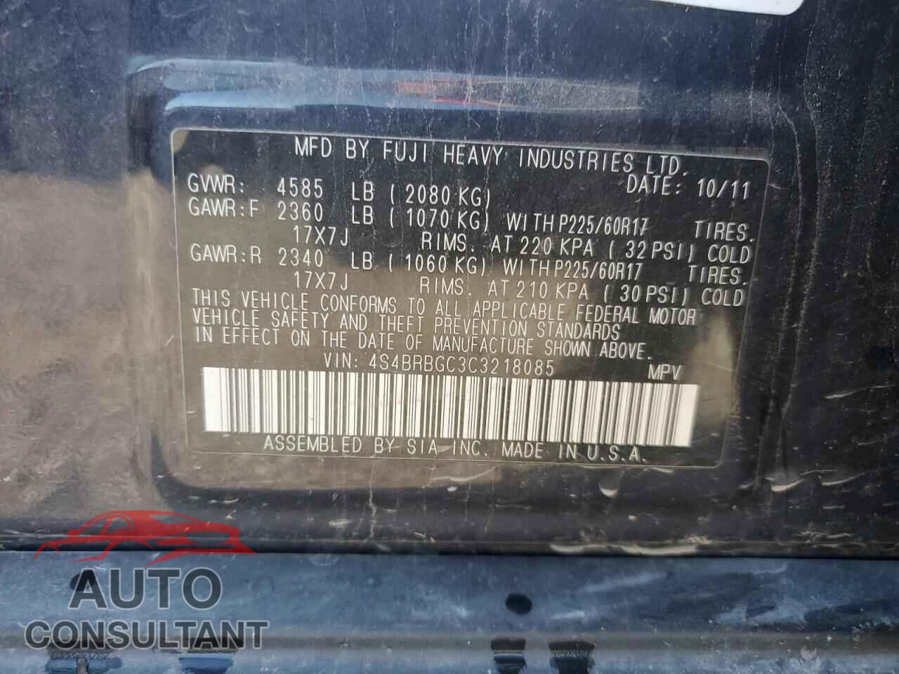 SUBARU OUTBACK 2012 - 4S4BRBGC3C3218085
