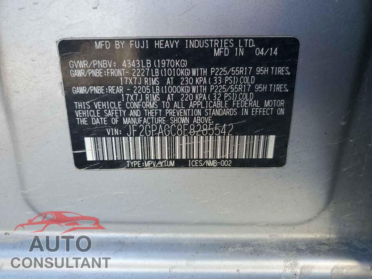 SUBARU XV 2014 - JF2GPAGC8E8285542