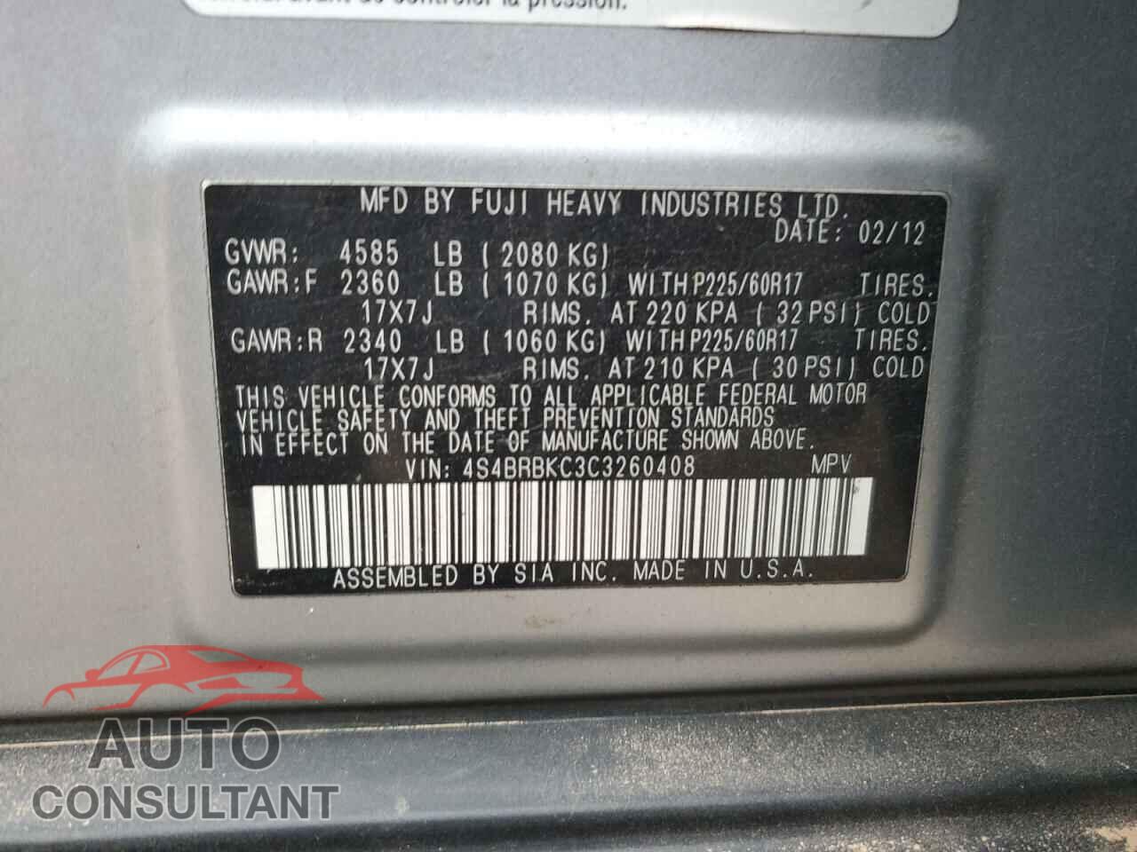 SUBARU OUTBACK 2012 - 4S4BRBKC3C3260408