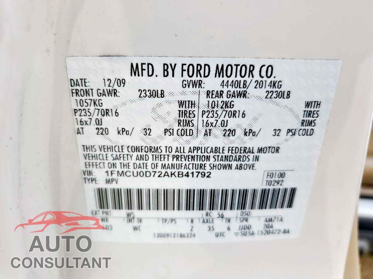 FORD ESCAPE 2010 - 1FMCU0D72AKB41792