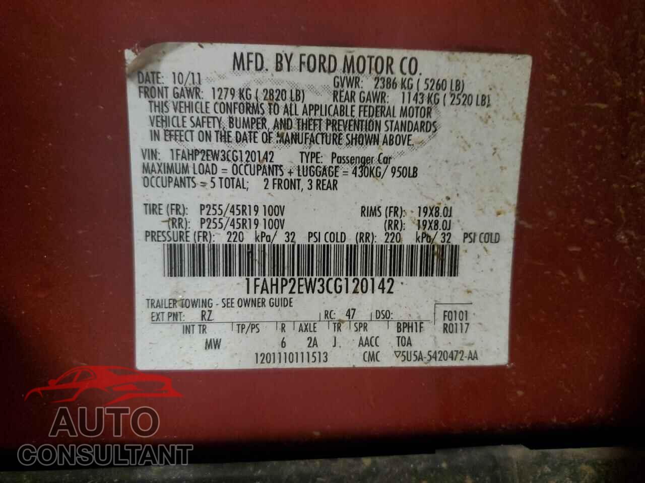 FORD TAURUS 2012 - 1FAHP2EW3CG120142