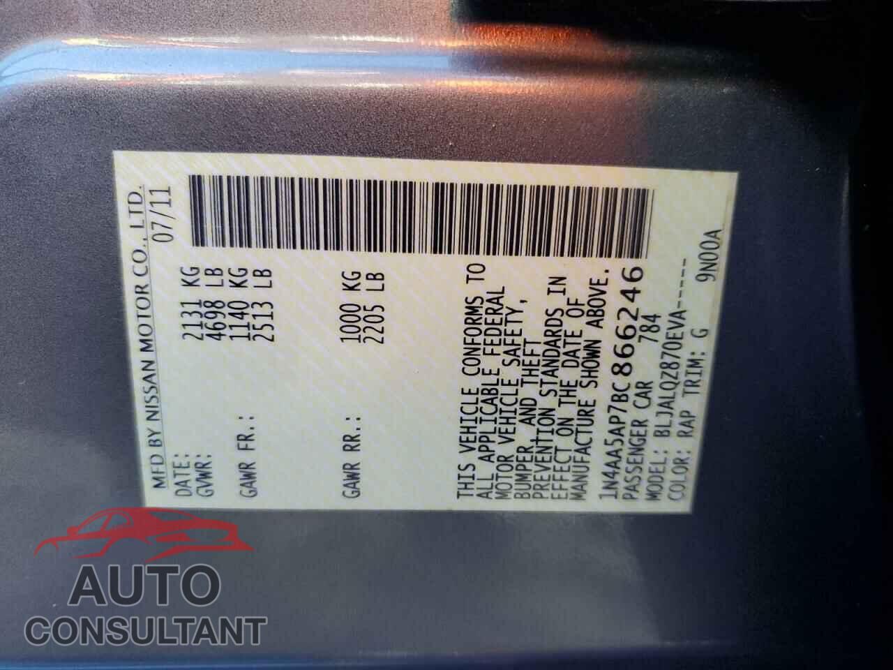 NISSAN MAXIMA 2011 - 1N4AA5AP7BC866246