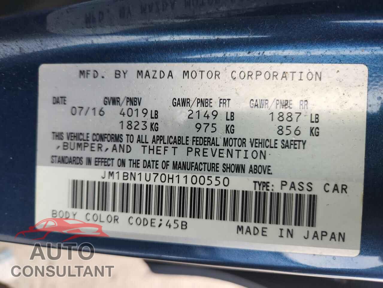 MAZDA 3 2017 - JM1BN1U70H1100550