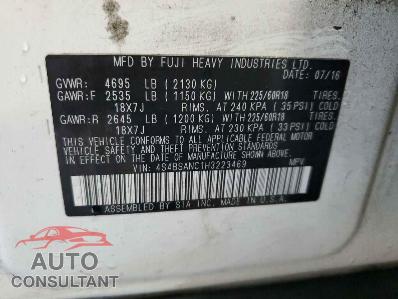 SUBARU OUTBACK 2017 - 4S4BSANC1H3223469