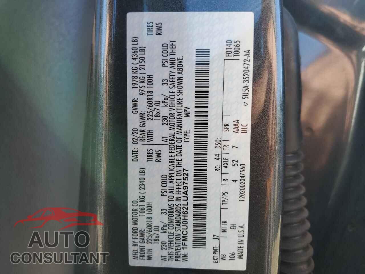 FORD ESCAPE 2020 - 1FMCU0H62LUA97527