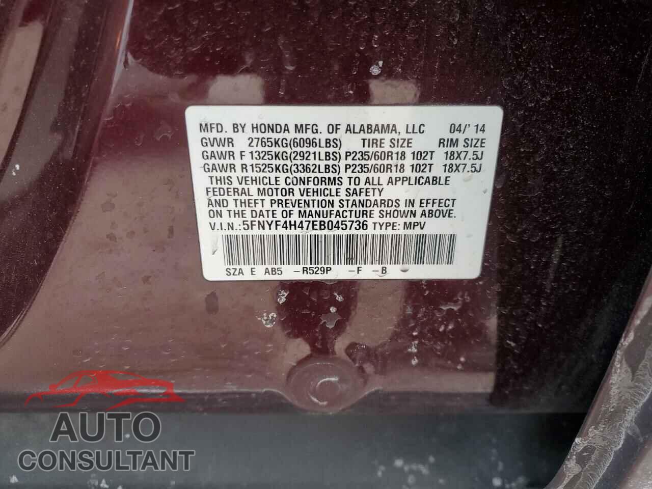 HONDA PILOT 2014 - 5FNYF4H47EB045736