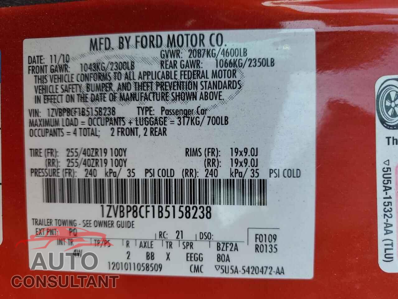 FORD MUSTANG 2011 - 1ZVBP8CF1B5158238