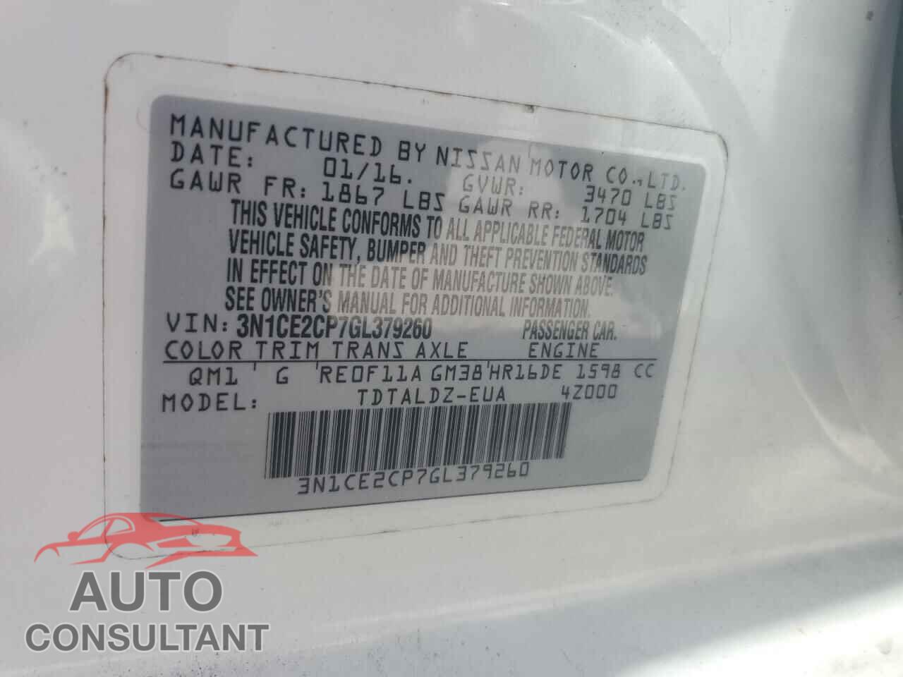 NISSAN VERSA 2016 - 3N1CE2CP7GL379260