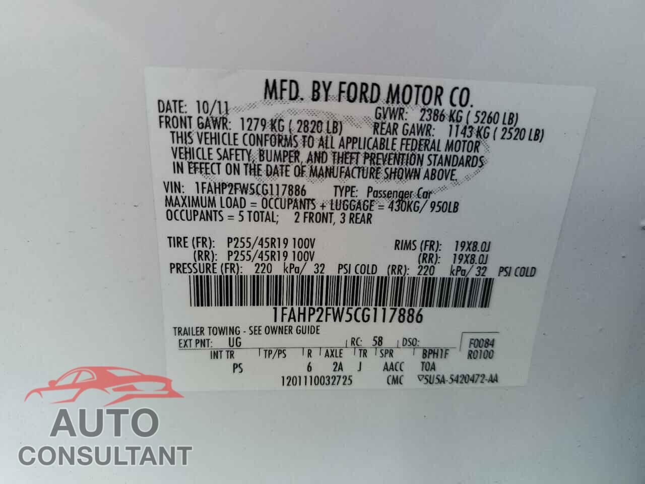 FORD TAURUS 2012 - 1FAHP2FW5CG117886