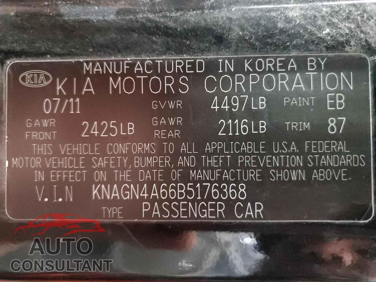 KIA OPTIMA 2011 - KNAGN4A66B5176368