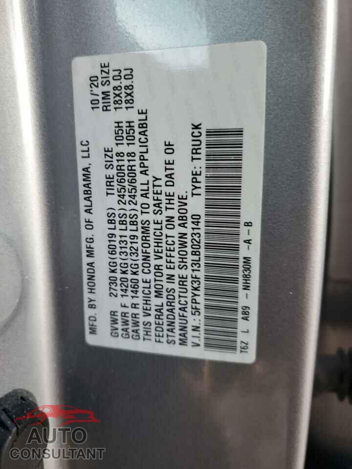 HONDA RIDGELINE 2020 - 5FPYK3F13LB023140