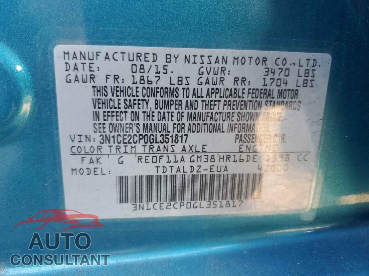 NISSAN VERSA 2016 - 3N1CE2CP0GL351817