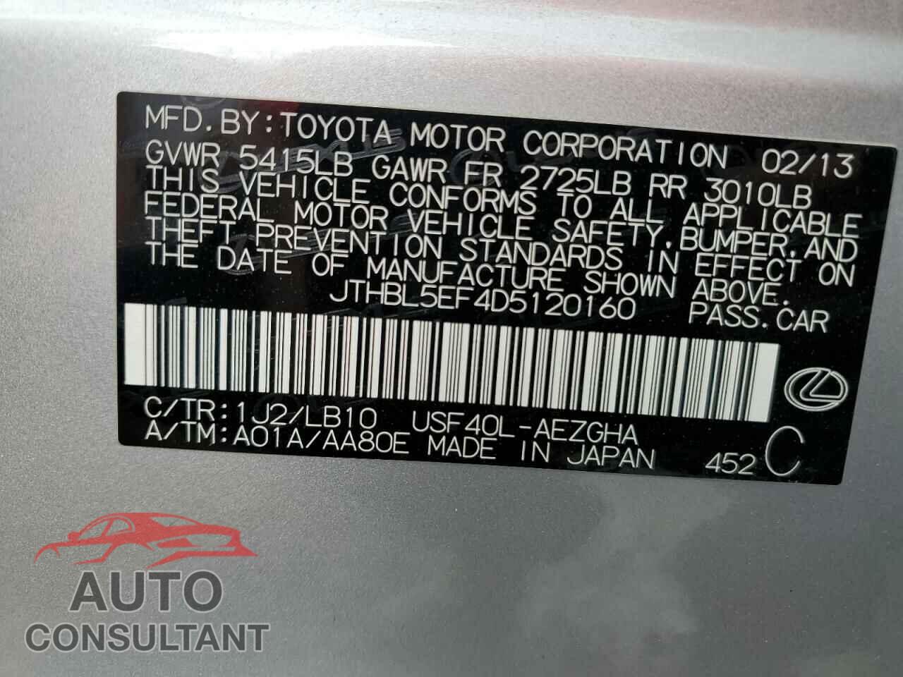 LEXUS LS460 2013 - JTHBL5EF4D5120160