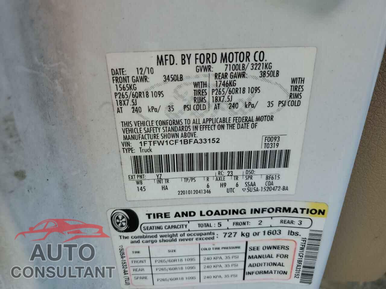 FORD F-150 2011 - 1FTFW1CF1BFA33152