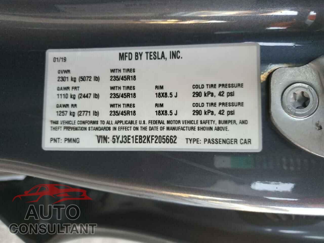 TESLA MODEL 3 2019 - 5YJ3E1EB2KF205662