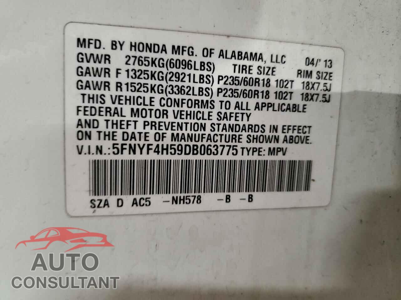 HONDA PILOT 2013 - 5FNYF4H59DB063775