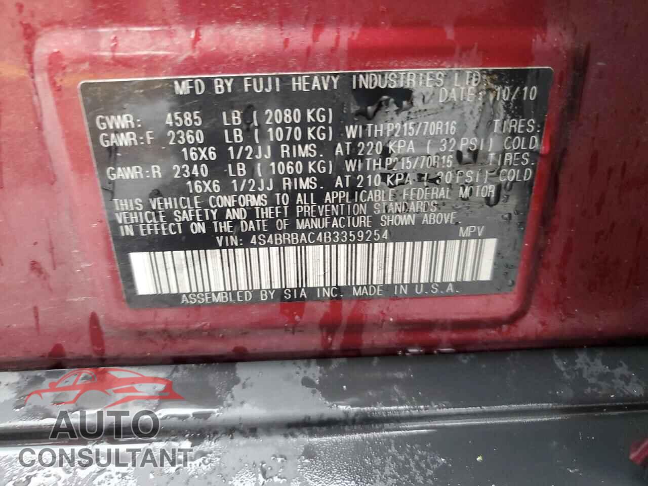 SUBARU OUTBACK 2011 - 4S4BRBAC4B3359254