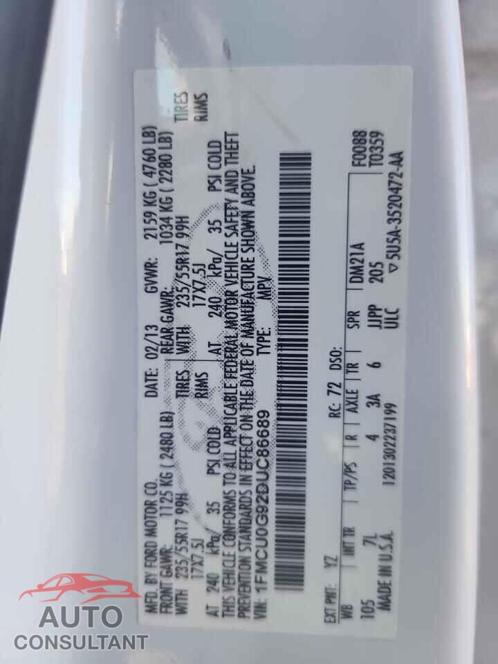FORD ESCAPE 2013 - 1FMCU0G92DUC86689