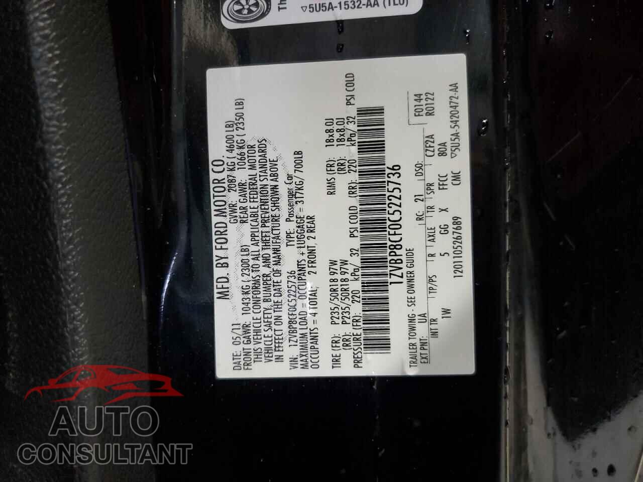 FORD MUSTANG 2012 - 1ZVBP8CF0C5225736