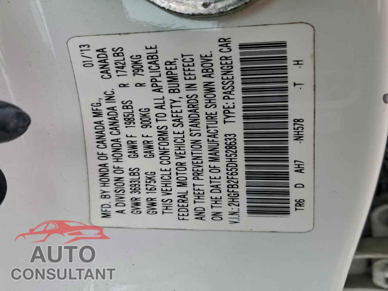HONDA CIVIC 2013 - 2HGFB2F65DH528633