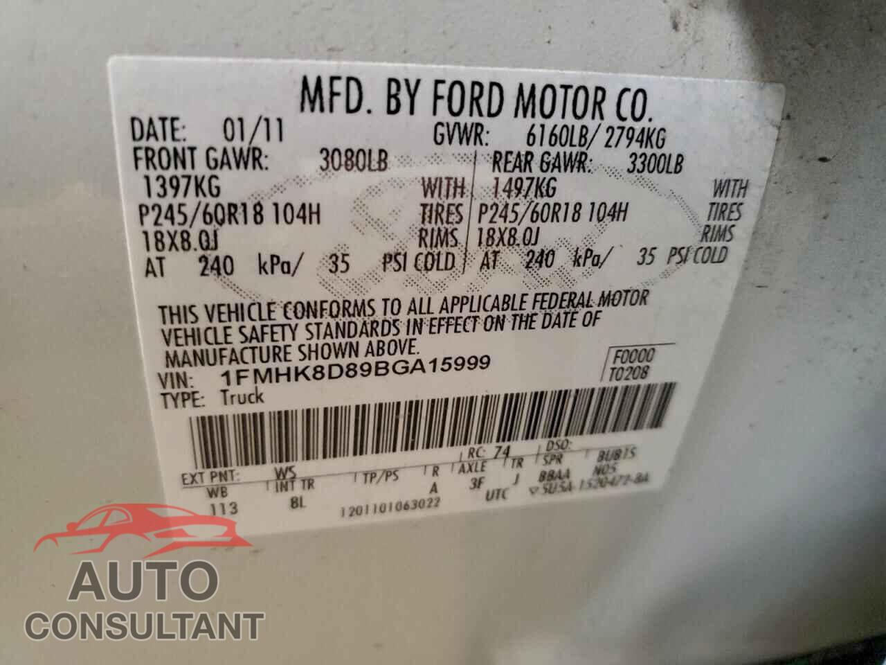FORD EXPLORER 2011 - 1FMHK8D89BGA15999