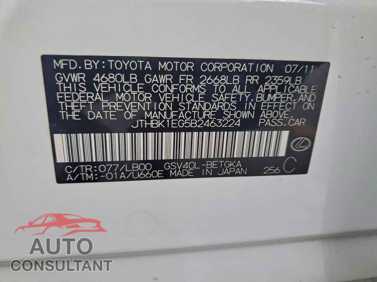 LEXUS ES350 2011 - JTHBK1EG5B2463224