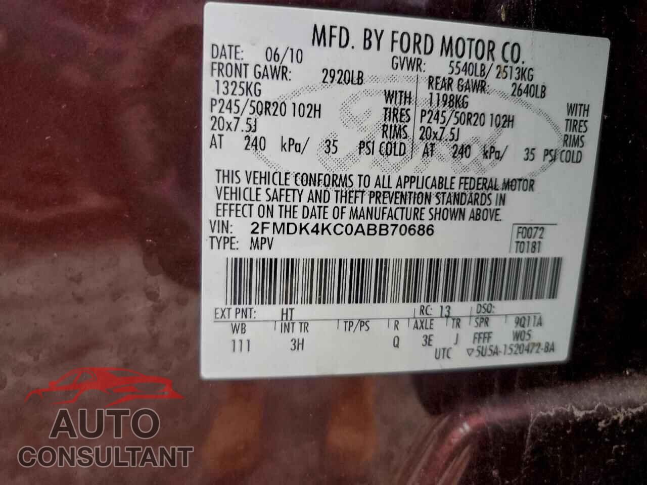 FORD EDGE 2010 - 2FMDK4KC0ABB70686