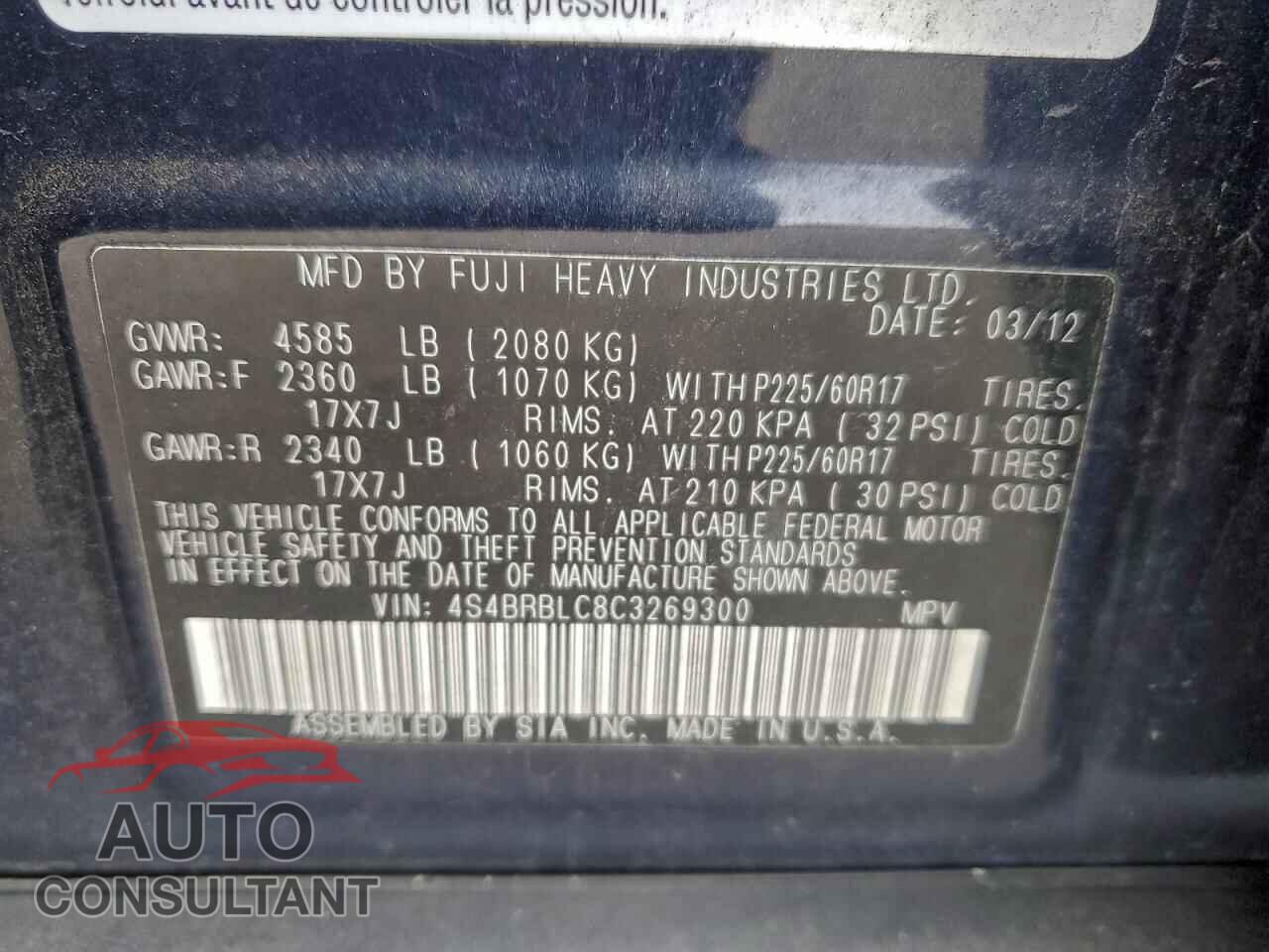 SUBARU OUTBACK 2012 - 4S4BRBLC8C3269300