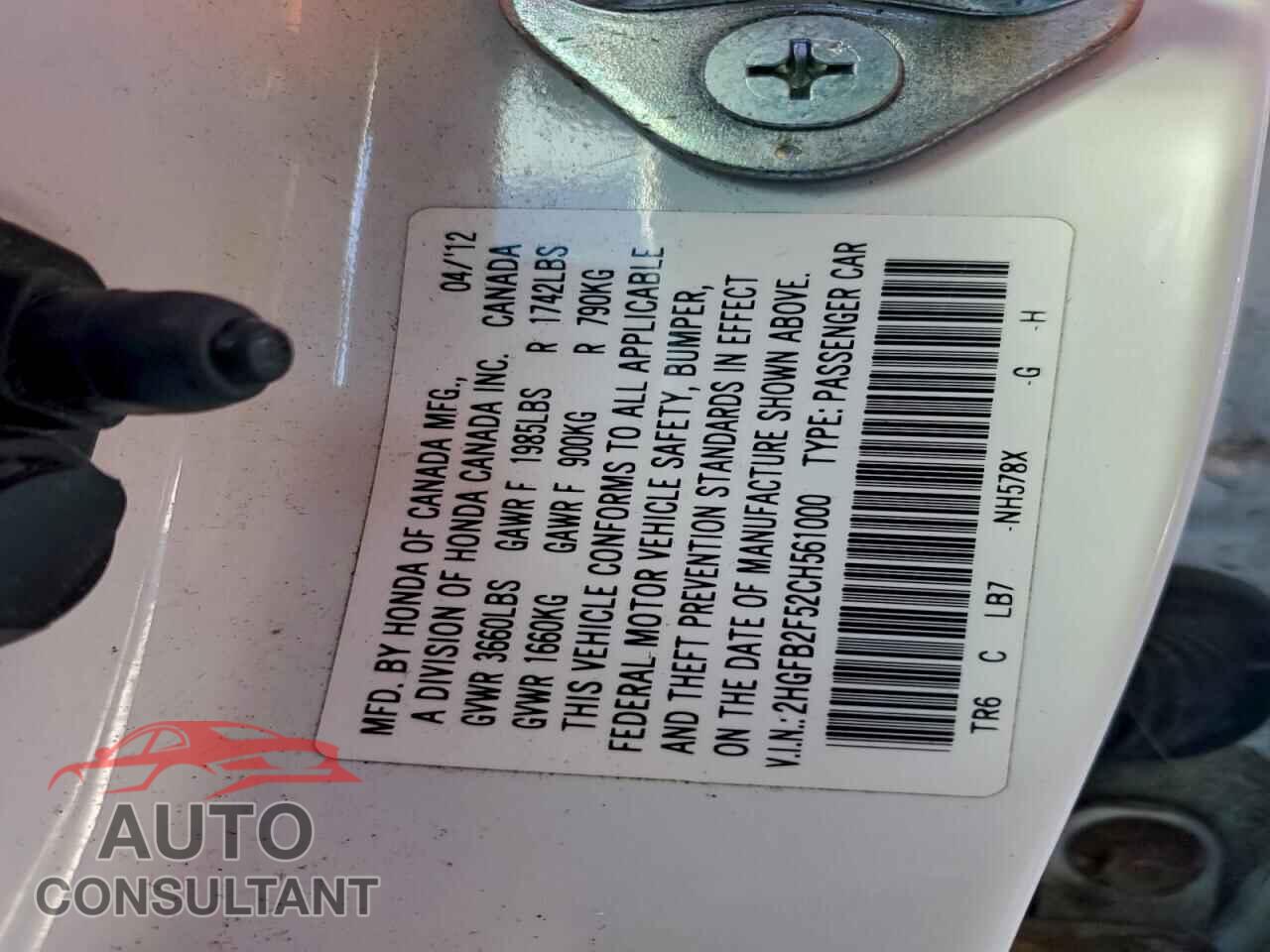 HONDA CIVIC 2012 - 2HGFB2F52CH561000