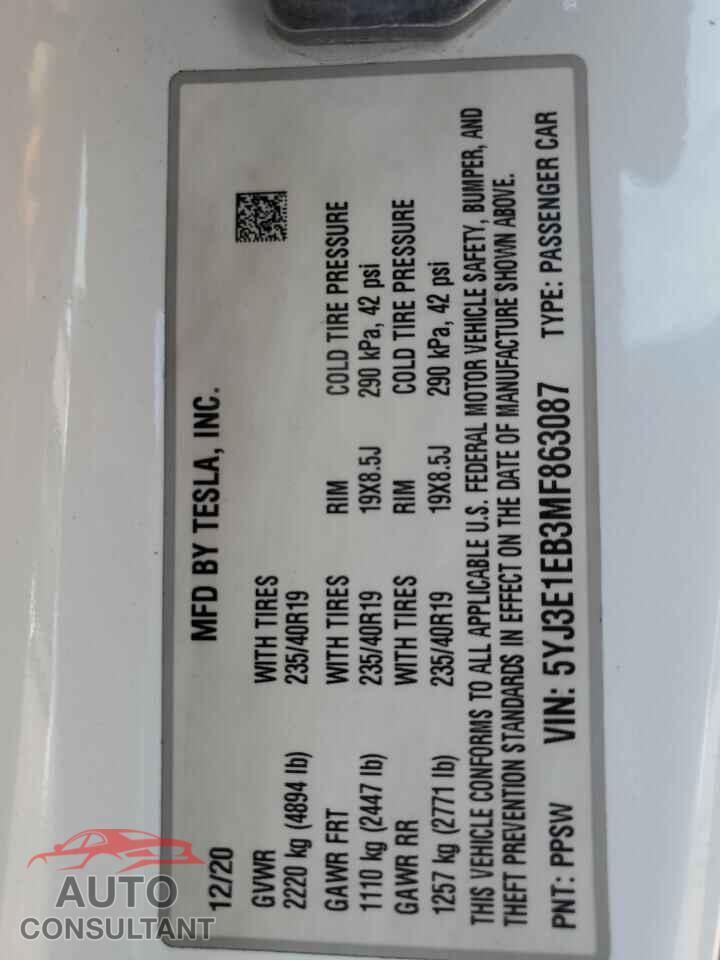 TESLA MODEL 3 2021 - 5YJ3E1EB3MF863087