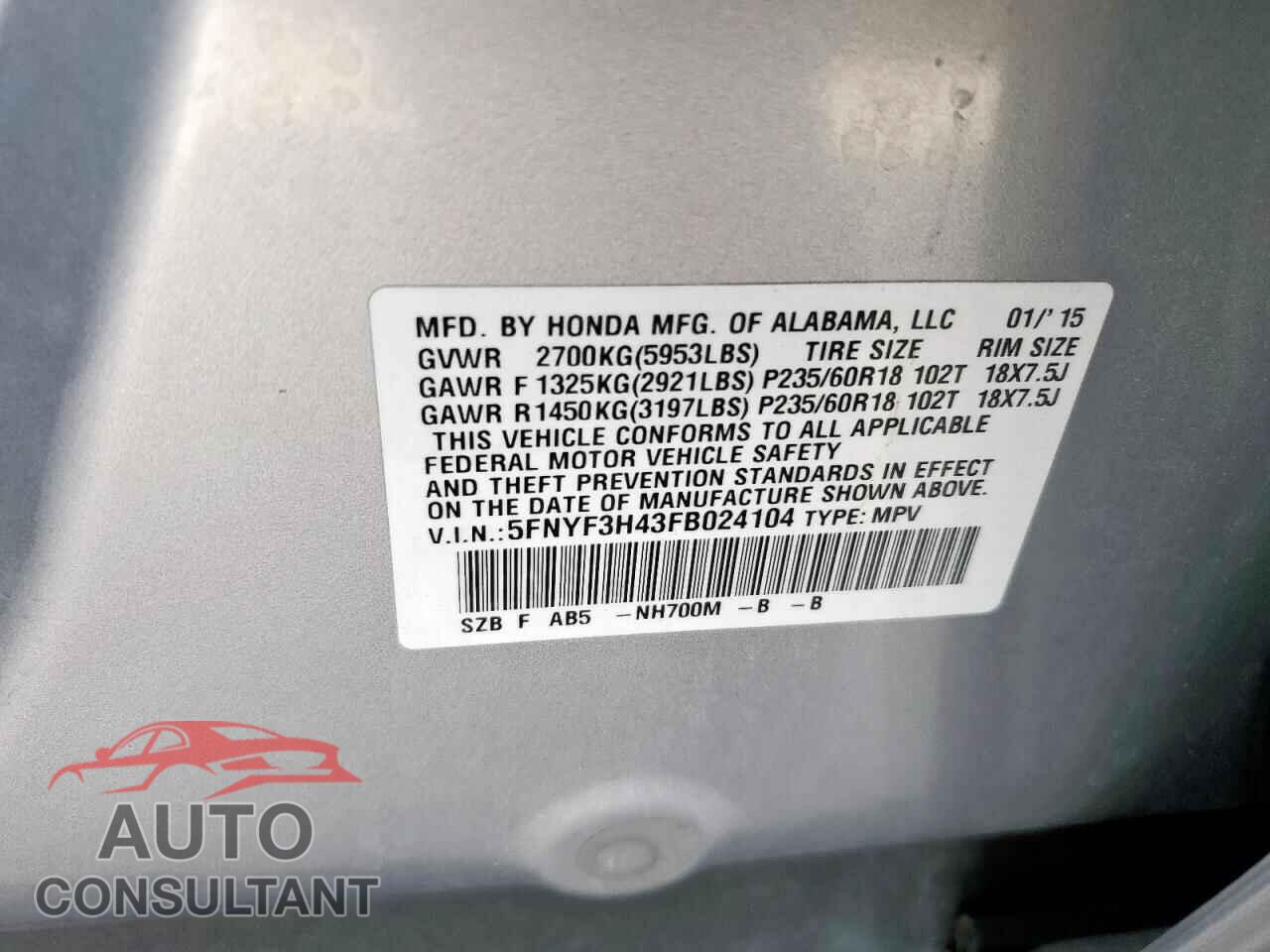 HONDA PILOT 2015 - 5FNYF3H43FB024104