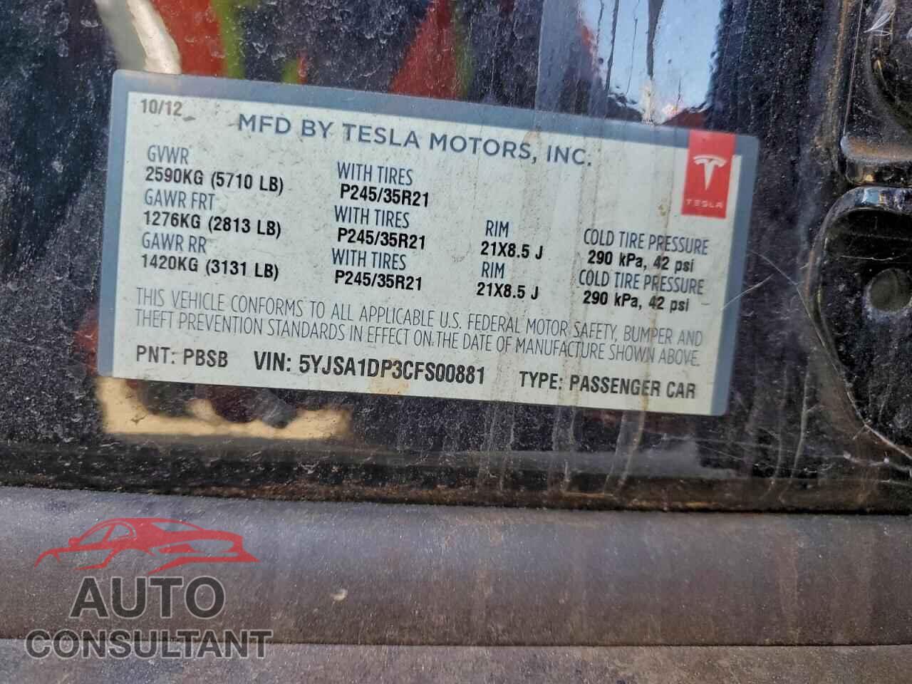 TESLA MODEL S 2012 - 5YJSA1DP3CFS00881
