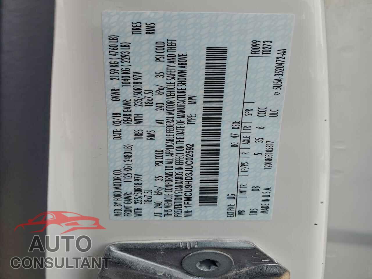 FORD ESCAPE 2018 - 1FMCU9HD3JUC02592
