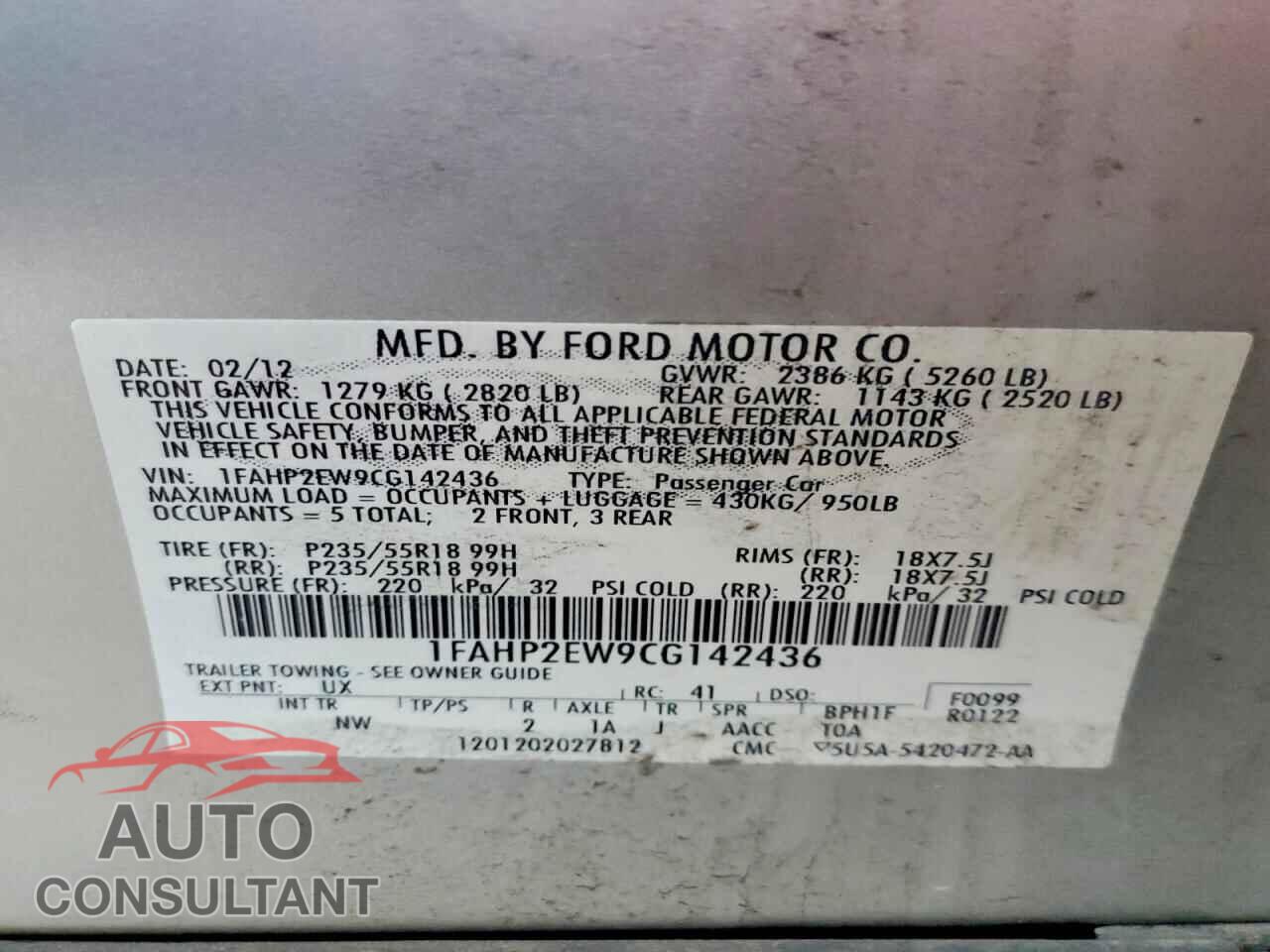 FORD TAURUS 2012 - 1FAHP2EW9CG142436