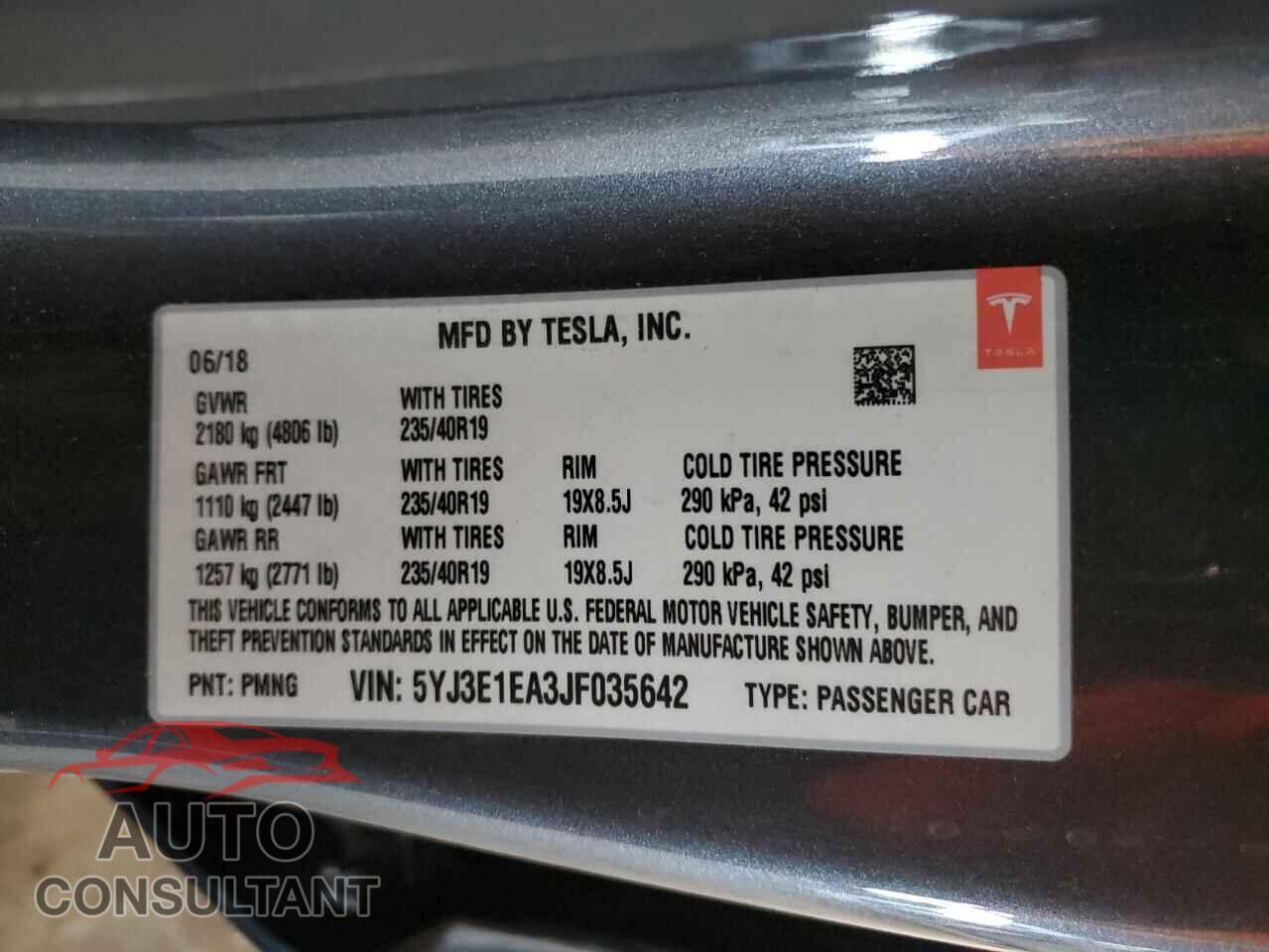 TESLA MODEL 3 2018 - 5YJ3E1EA3JF035642