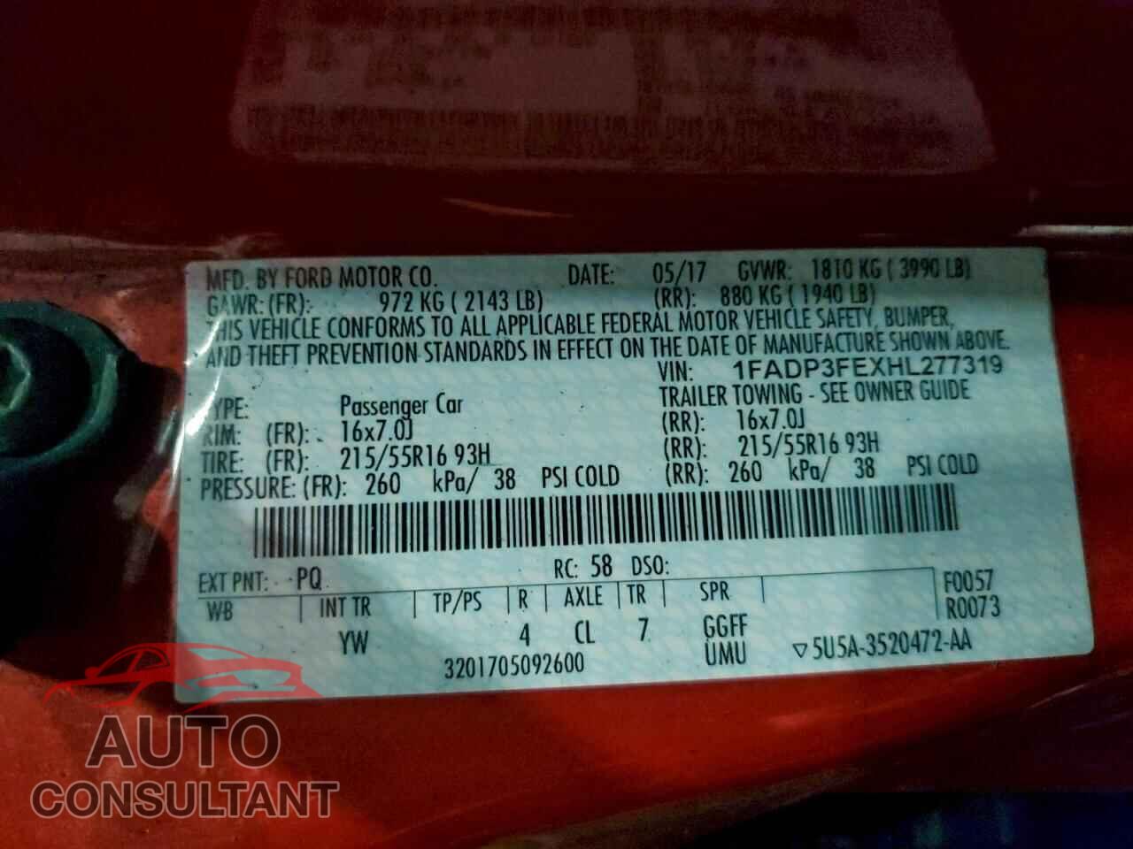FORD FOCUS 2017 - 1FADP3FEXHL277319