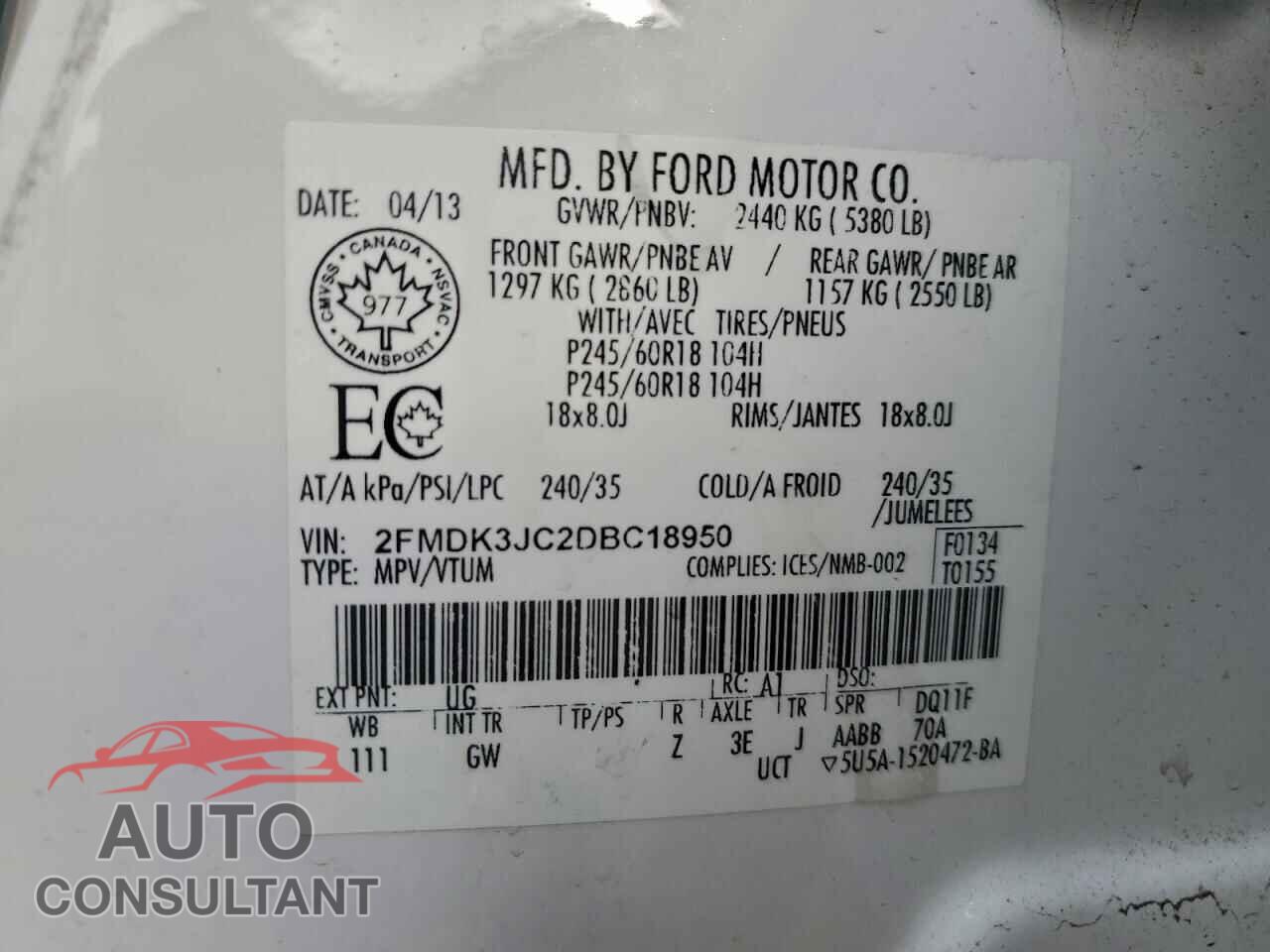 FORD EDGE 2013 - 2FMDK3JC2DBC18950