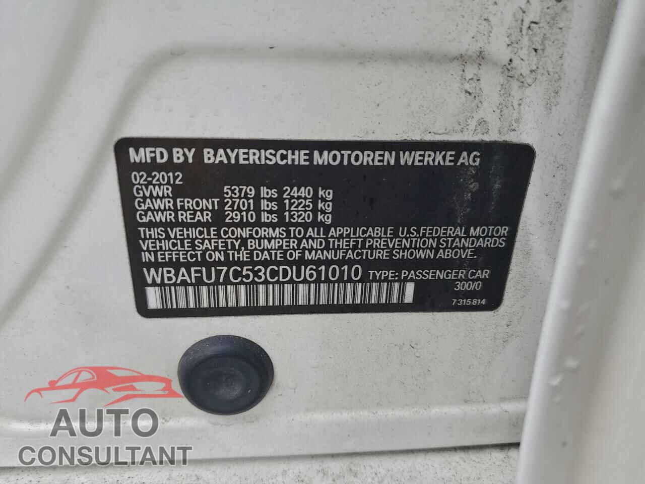 BMW 5 SERIES 2012 - WBAFU7C53CDU61010