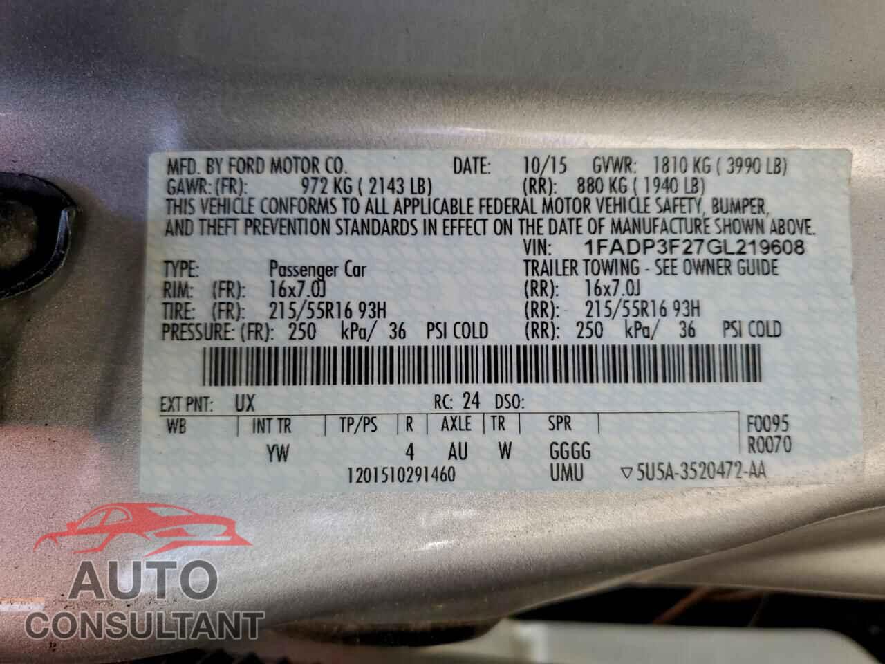 FORD FOCUS 2016 - 1FADP3F27GL219608