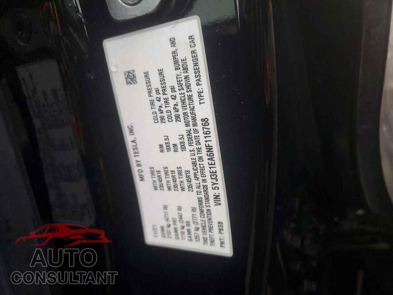 TESLA MODEL 3 2022 - 5YJ3E1EA6NF116768
