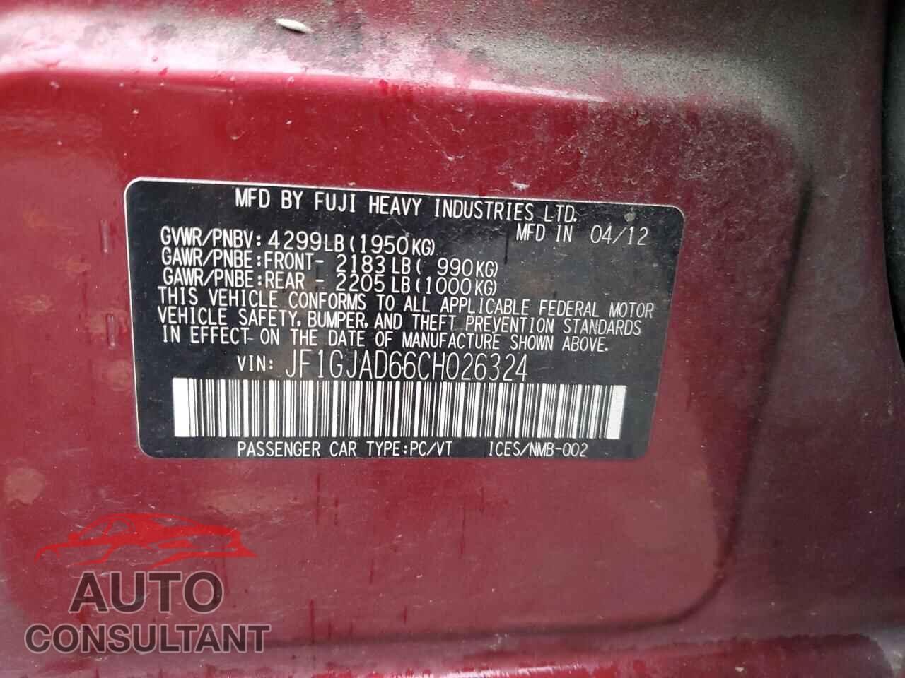 SUBARU IMPREZA 2012 - JF1GJAD66CH026324