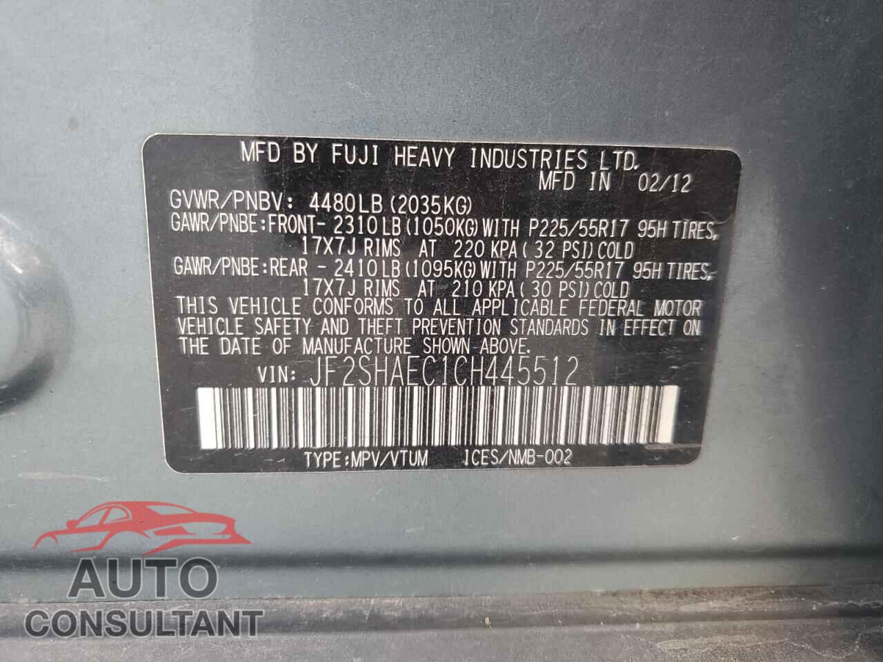 SUBARU FORESTER 2012 - JF2SHAEC1CH445512