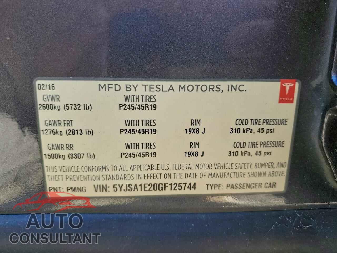 TESLA MODEL S 2016 - 5YJSA1E20GF125744