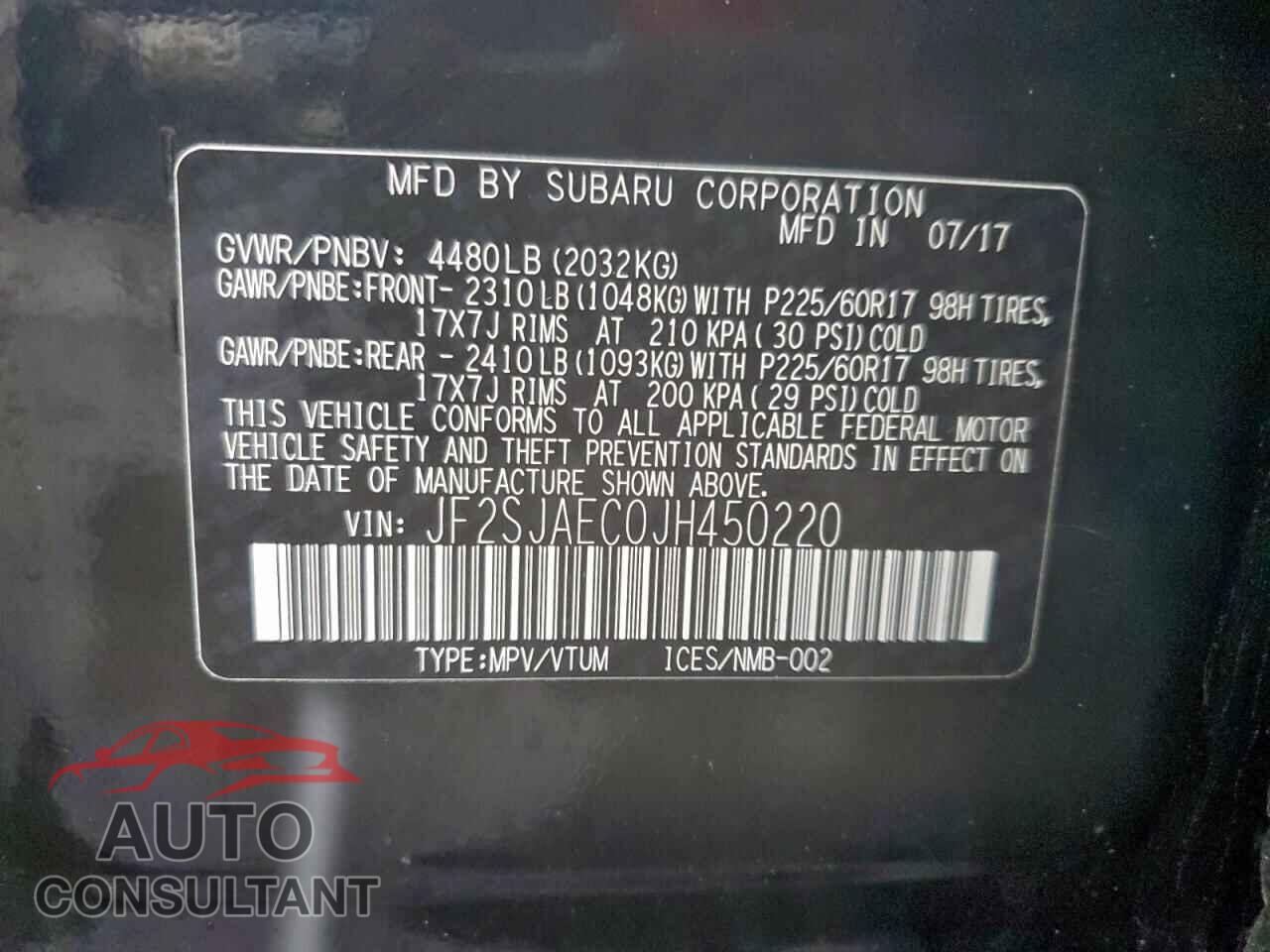 SUBARU FORESTER 2018 - JF2SJAEC0JH450220