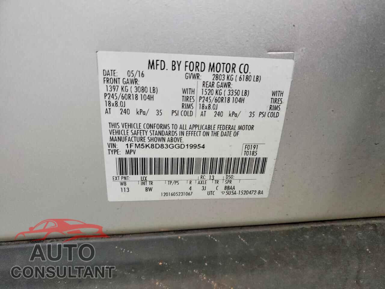 FORD EXPLORER 2016 - 1FM5K8D83GGD19954