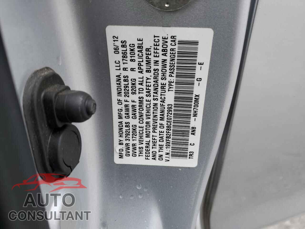 HONDA CIVIC 2012 - 19XFB2F88CE072993
