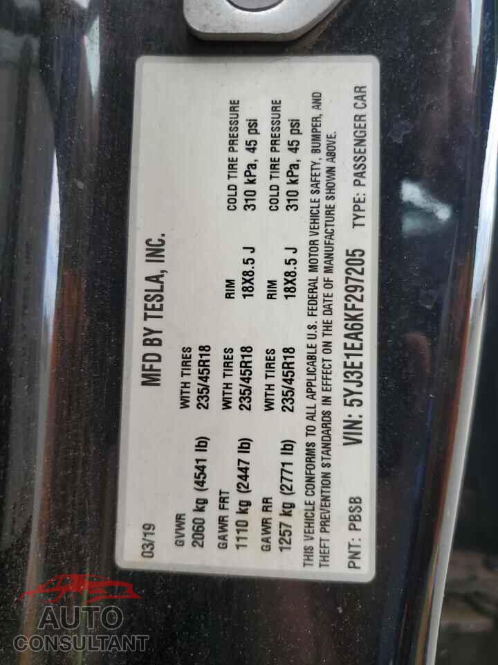 TESLA MODEL 3 2019 - 5YJ3E1EA6KF297205