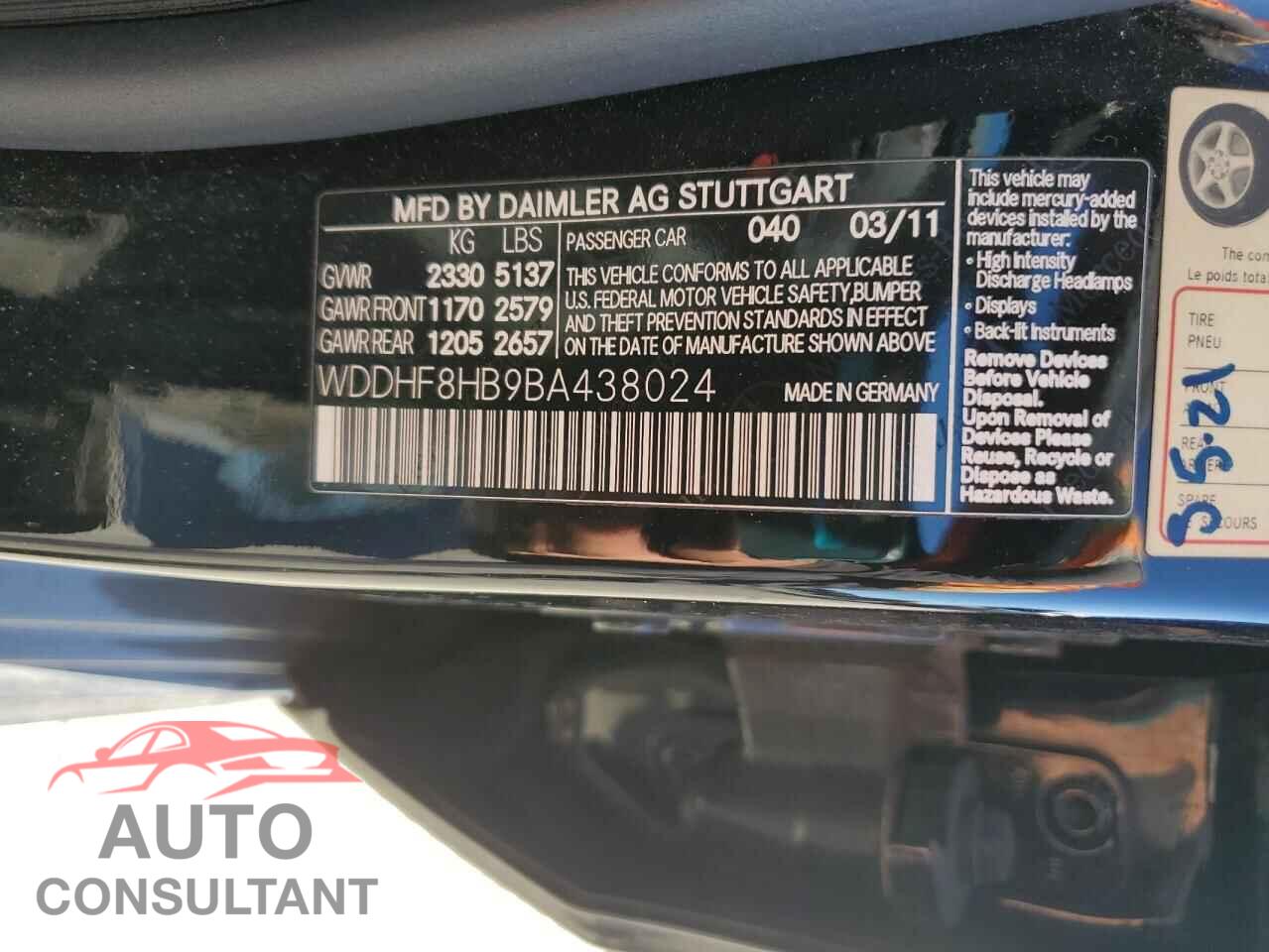 MERCEDES-BENZ E-CLASS 2011 - WDDHF8HB9BA438024