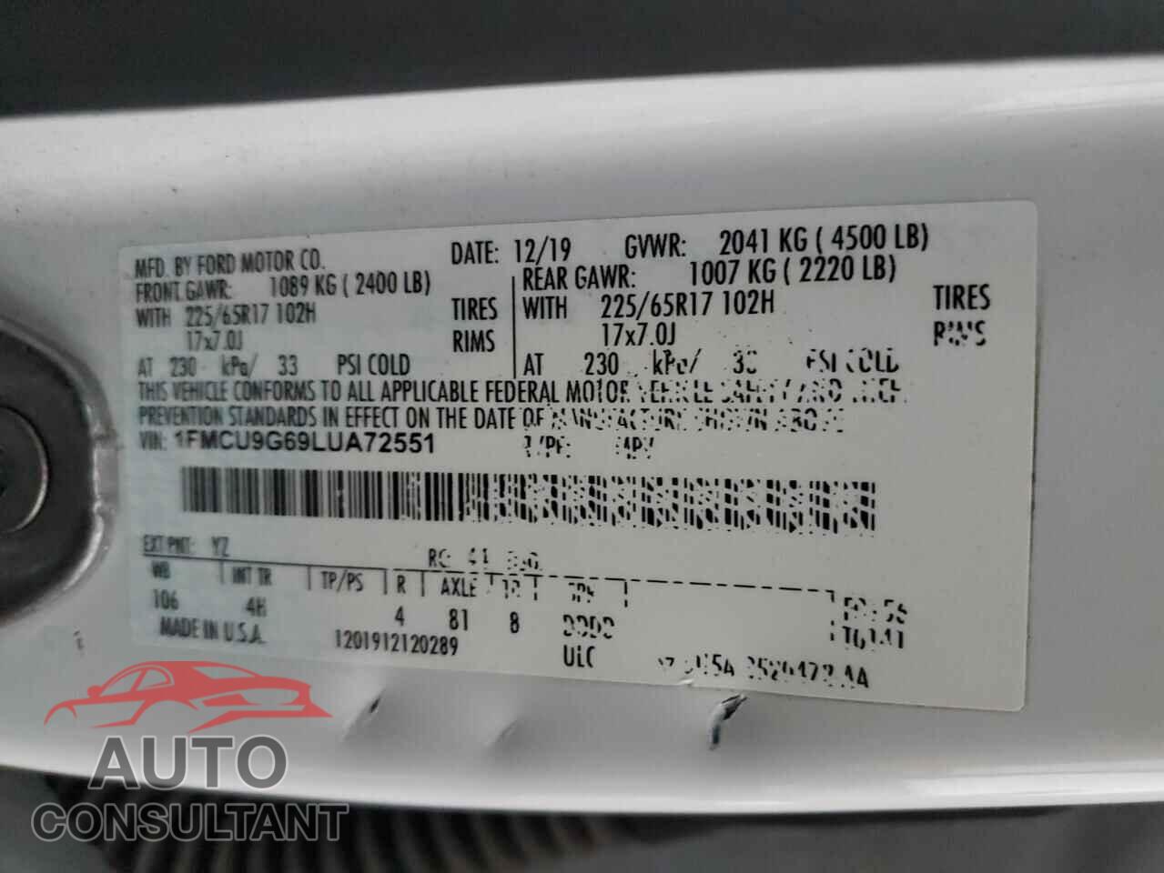 FORD ESCAPE 2020 - 1FMCU9G69LUA72551